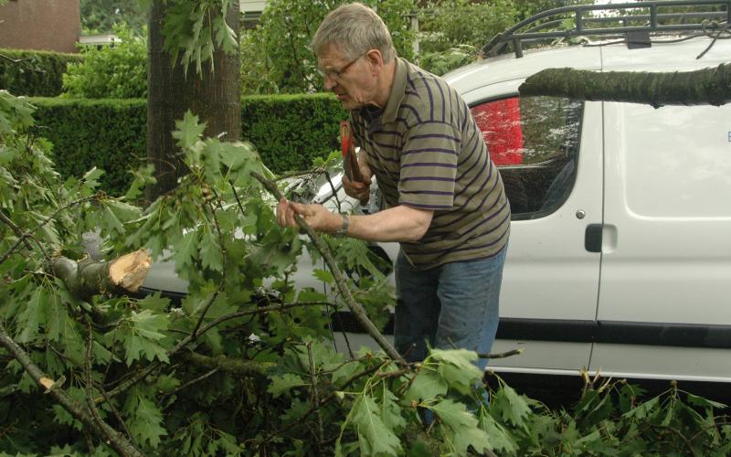 Een man bekijkt een afgebroken tak van een boom op zijn auto