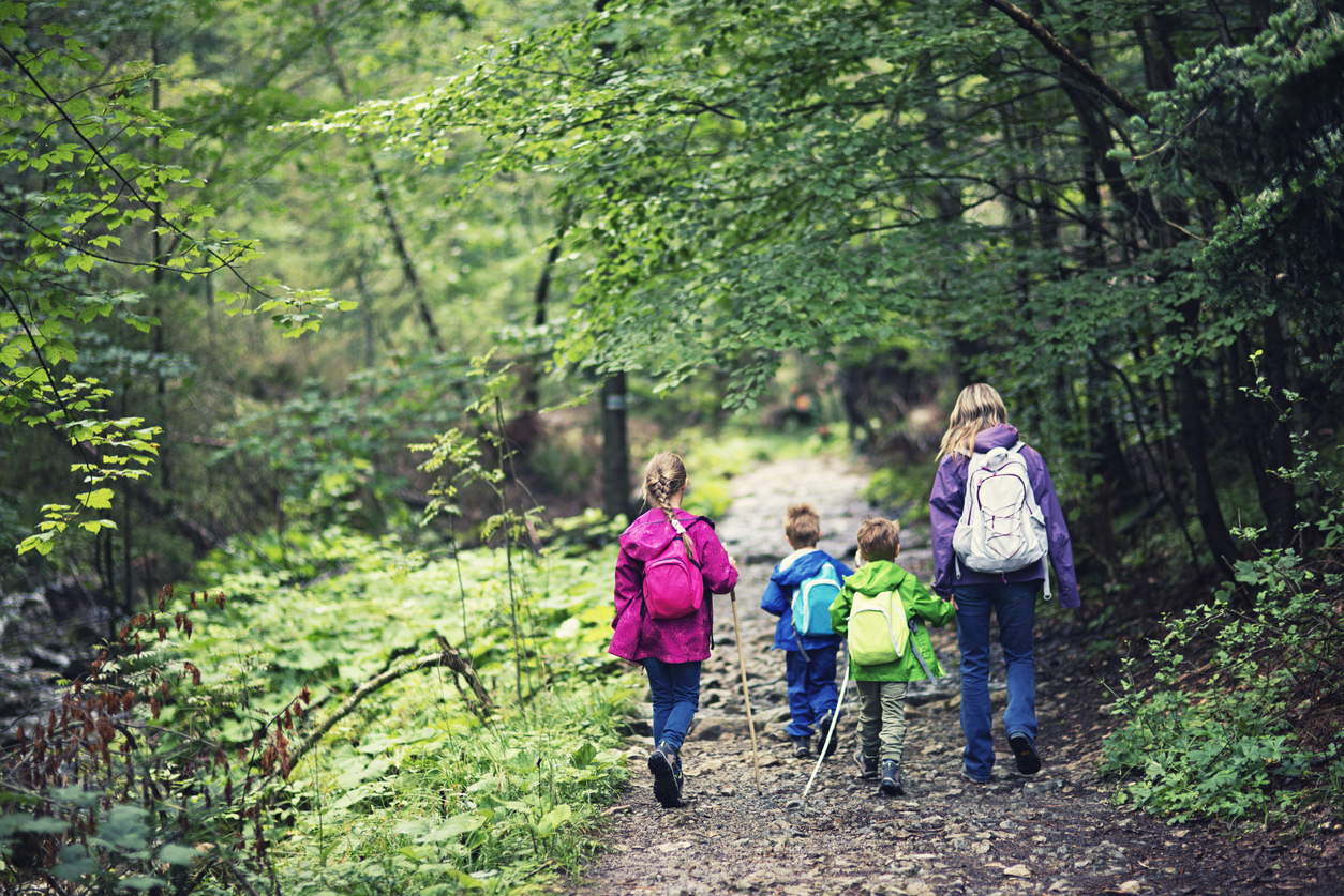 Moeder met drie kinderen in het bos Moeder met drie kinderen in het bos