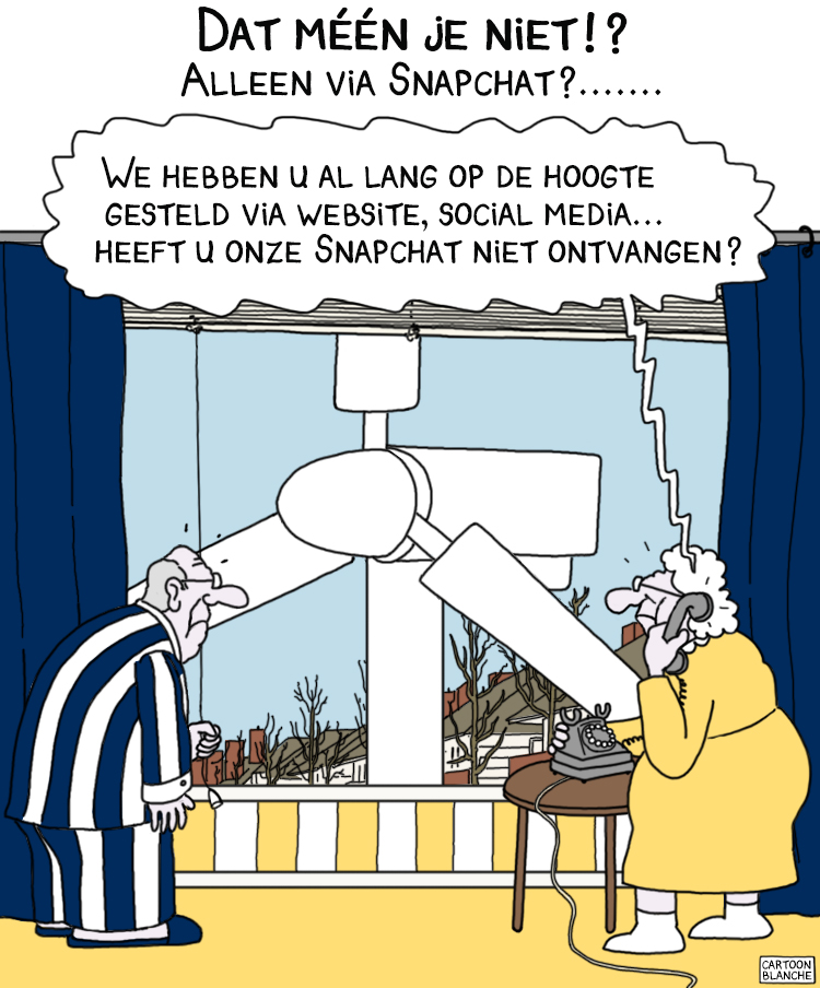 Cartoon van een ouder echtpaar dat uitkijkt op een windmolen Cartoon van een ouder echtpaar dat uitkijkt op een windmolen