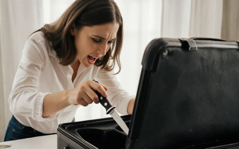 Vrouw kijkt verbaasd in haar koffer en haalt er een mes uit dat niet van haar is.