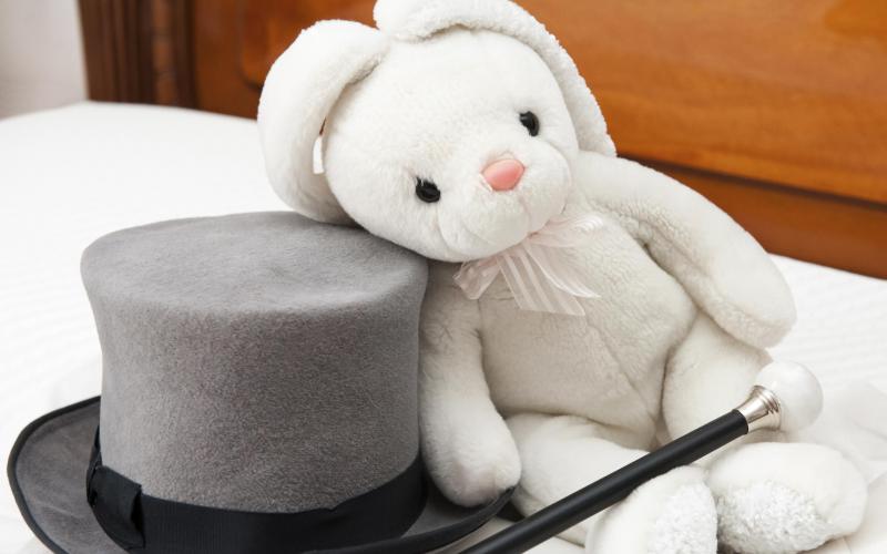 Foto van een wit pluchen konijn naast een grijze hoge hoed