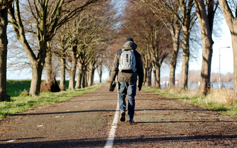 Man met rugzak loopt alleen over straat, bomen langs de weg.