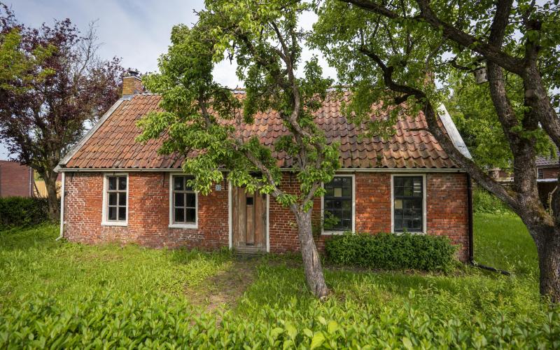 Een huis in Groningen in het aardbevingsgebied, voor het huis staan twee bomen.
