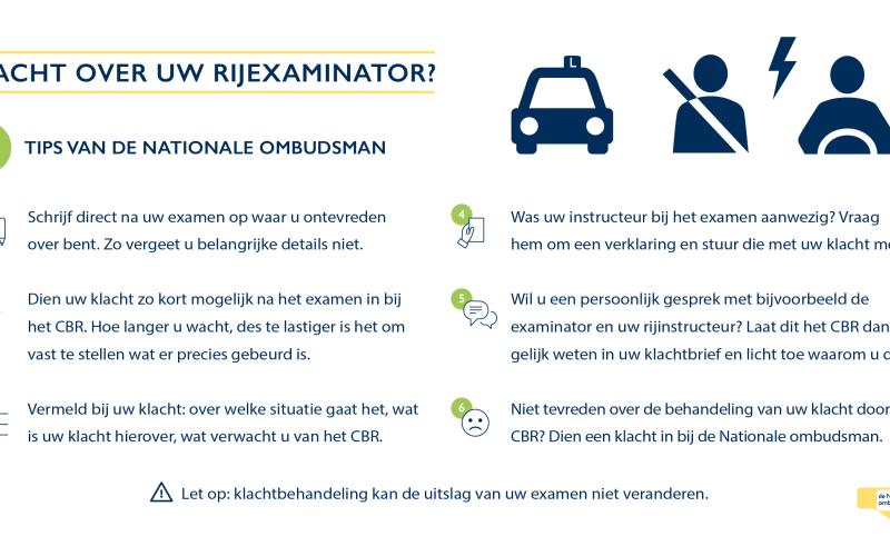 Afbeelding met zes tips van de Nationale ombudsman bij klachten over rijexaminatoren