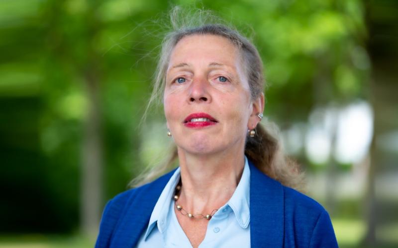 Vrouw (Janny Arends) staat in het park. Haar in een staart, rode lippenstift en draagt blauw jasje Vrouw (Janny Arends) staat in het park. Haar in een staart, rode lippenstift en draagt blauw jasje