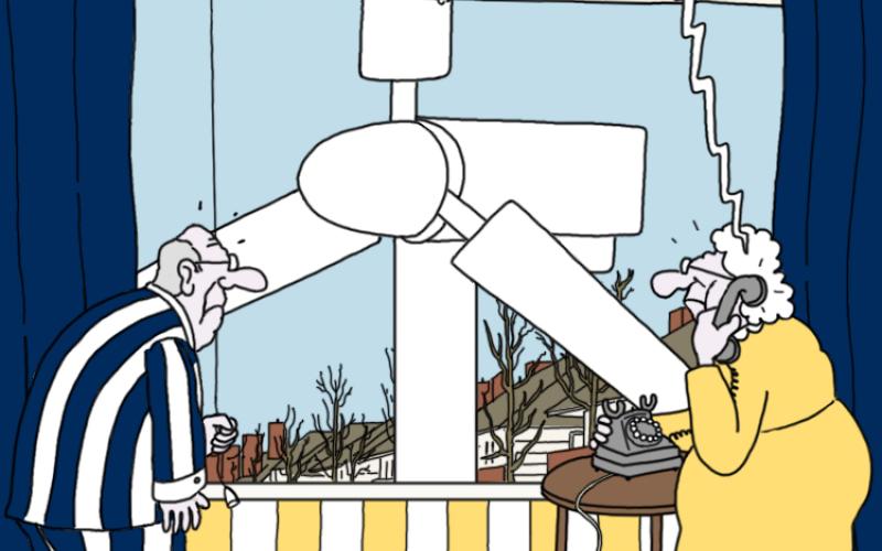 Cartoon van een ouder echtpaar dat uitkijkt op een windmolen
