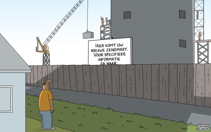 Cartoon van zendmast voor een woning