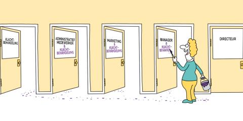 Cartoon: poppetje schrijft klachtbehandeling op deuren. De wand en deuren zijn geel van kleur