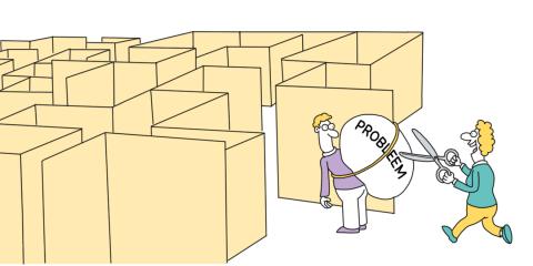 Cartoon: doolhof waar poppetje de weg moet vinden