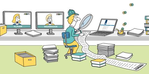 Cartoon: poppetje zit achter bureau met vergrootglas in de hand. Op tafel staan schermen en liggen documenten