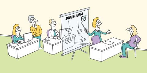 Cartoon: poppetjes krijgen les in klaslokaal. Ze zitten achter een bureau