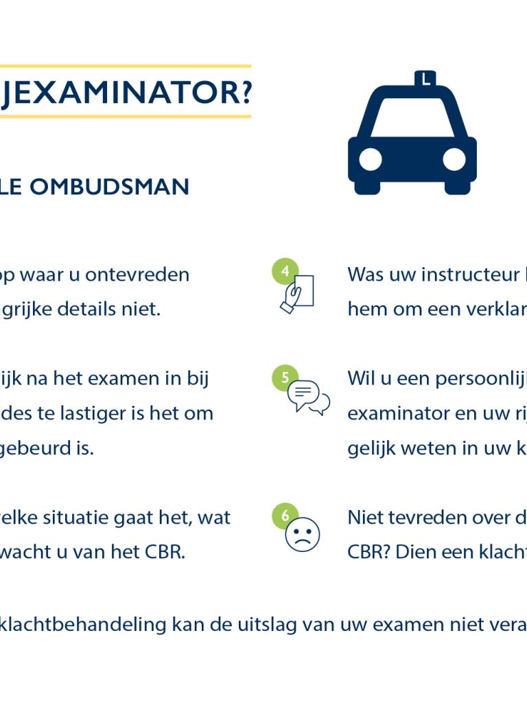 Afbeelding met zes tips van de Nationale ombudsman bij klachten over rijexaminatoren