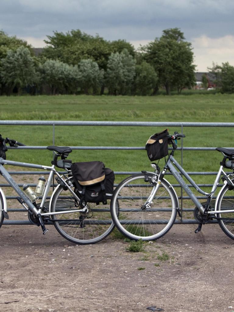 Twee fietsen tegen een hek bij weiland