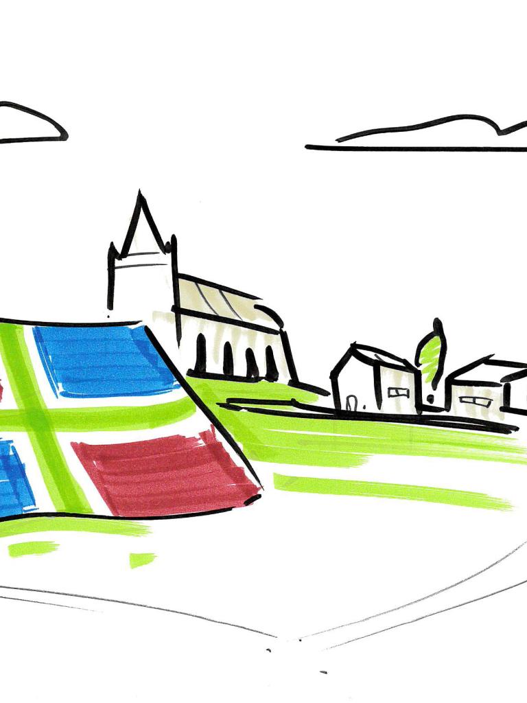Tekening van Groningen met vlag van Groningen