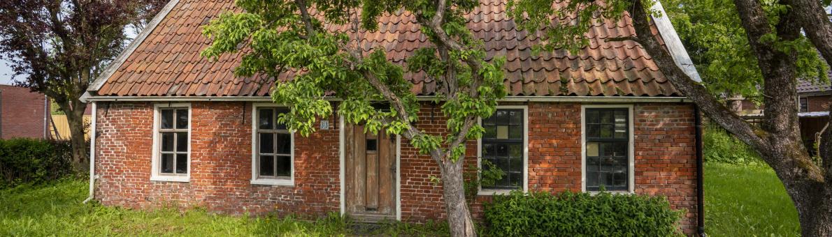 Een huis in Groningen in het aardbevingsgebied, voor het huis staan twee bomen.