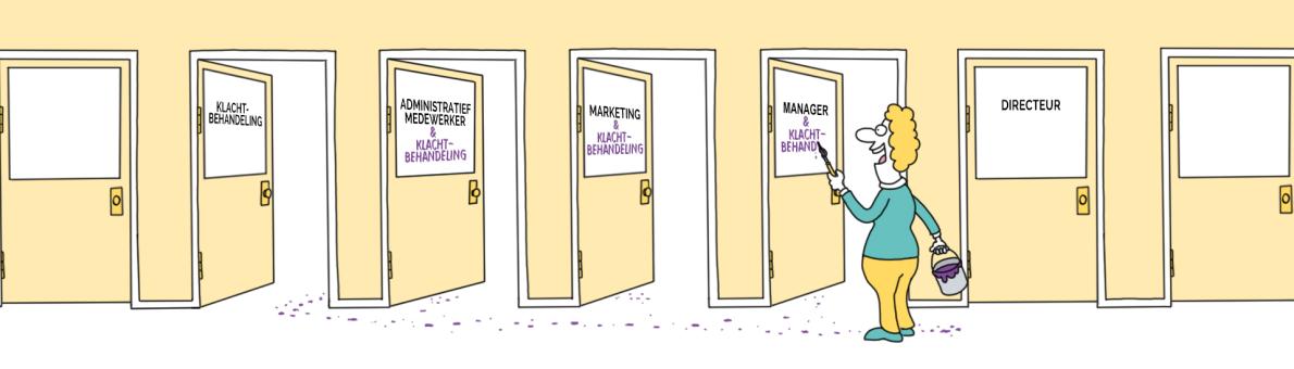 Cartoon: poppetje schrijft klachtbehandeling op deuren. De wand en deuren zijn geel van kleur