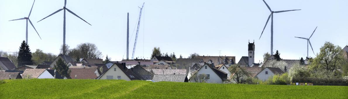Windmolens en huizen in een groen weiland