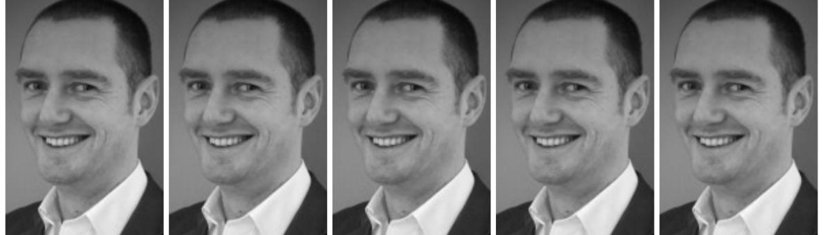 Vijf dezelfde portretten naast elkaar (zwart/wit) met daarop een lachende man (Maarten van der Veen van de Woonbond)