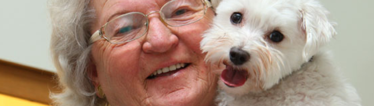 lachende dame op leeftijd met hond op de arm