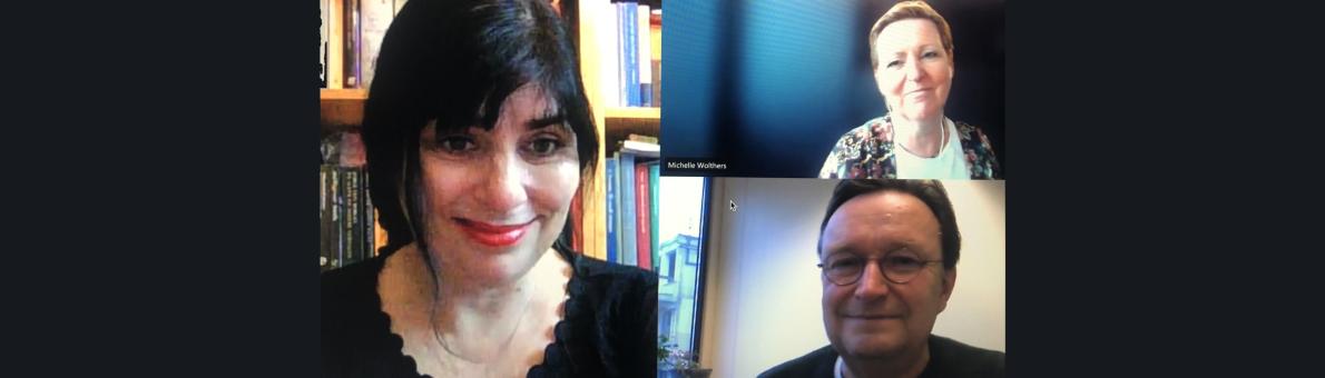 Drie mensen zijn online met elkaar in gesprek (Bo Aarsbergen, Michelle Wolthers en Ernst Radius) Drie mensen zijn online met elkaar in gesprek (Bo Aarsbergen, Michelle Wolthers en Ernst Radius)