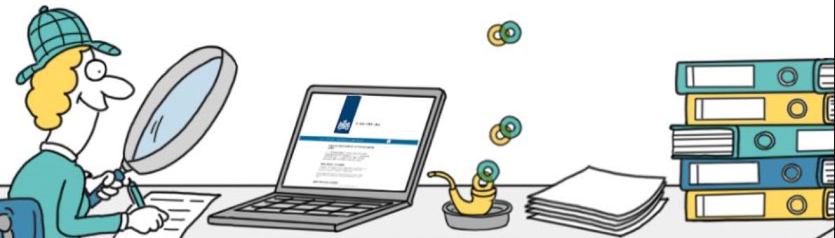 Cartoon: poppetje bekijkt documenten met vergrootglas. Het zit achter een bureau met veel mappen en een laptop Cartoon: poppetje bekijkt documenten met vergrootglas. Het zit achter een bureau met veel mappen en een laptop